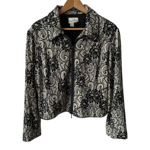 Joseph Ribkoff Black Lace Sequin Zip Jacket Silver Floral Evening Coat Womens 16